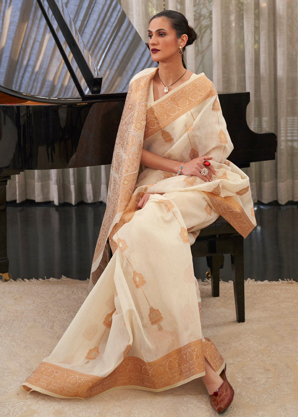 Apricot White Zari Woven Linen Saree