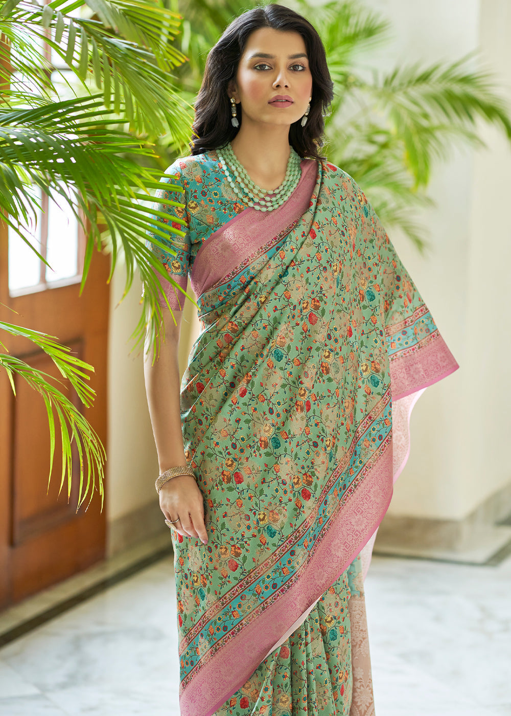 Amulet Green Banarasi Saree with Jamewar Print