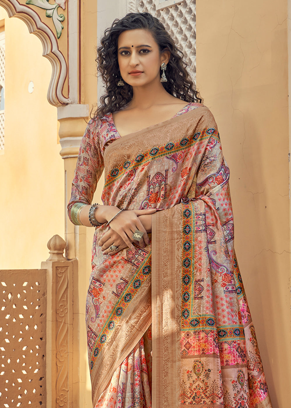 Brass Pink and Brown Digital Printed Jacquard Silk Saree