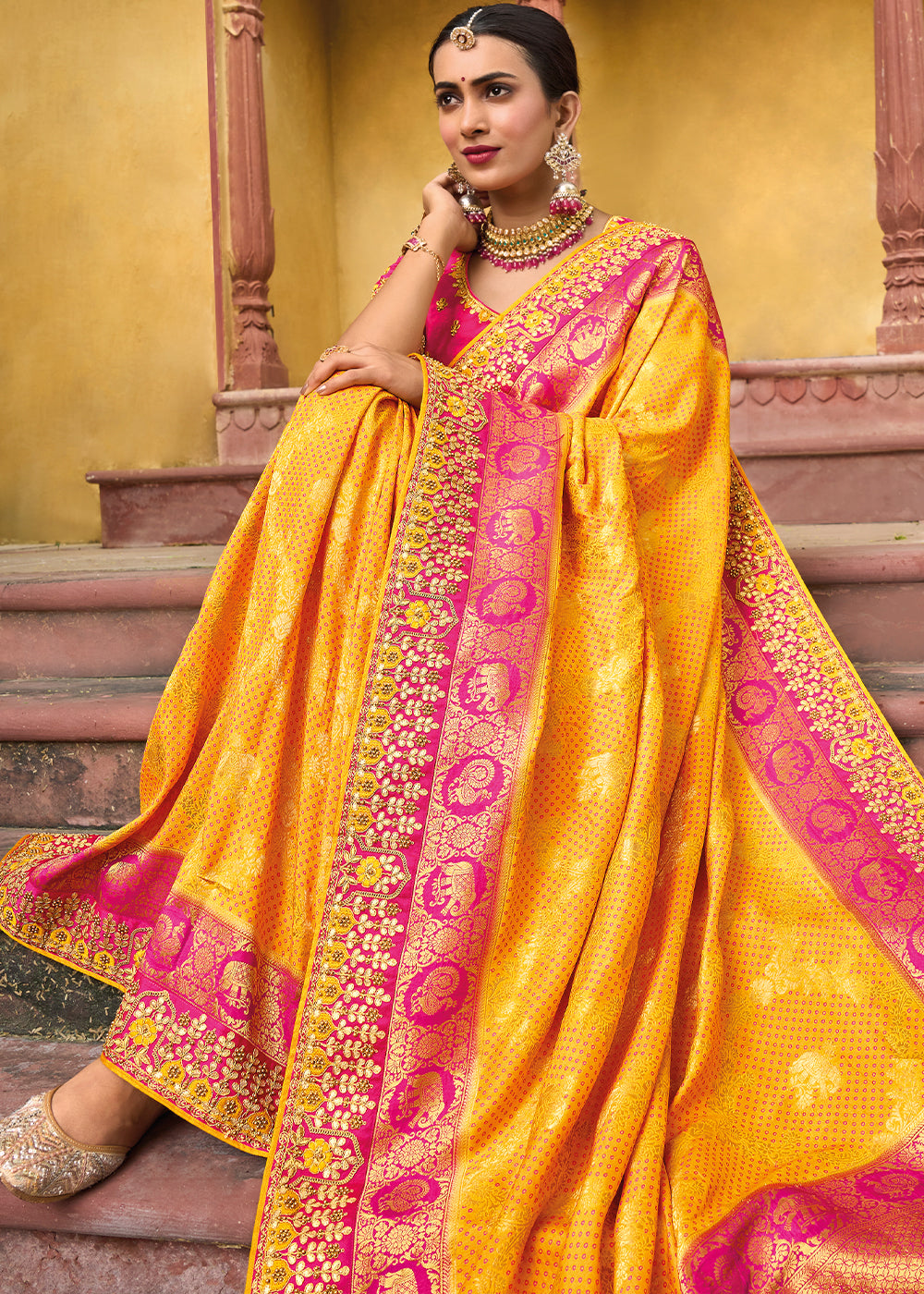 Sea Yellow and Pink Embroidered Dola Silk Saree