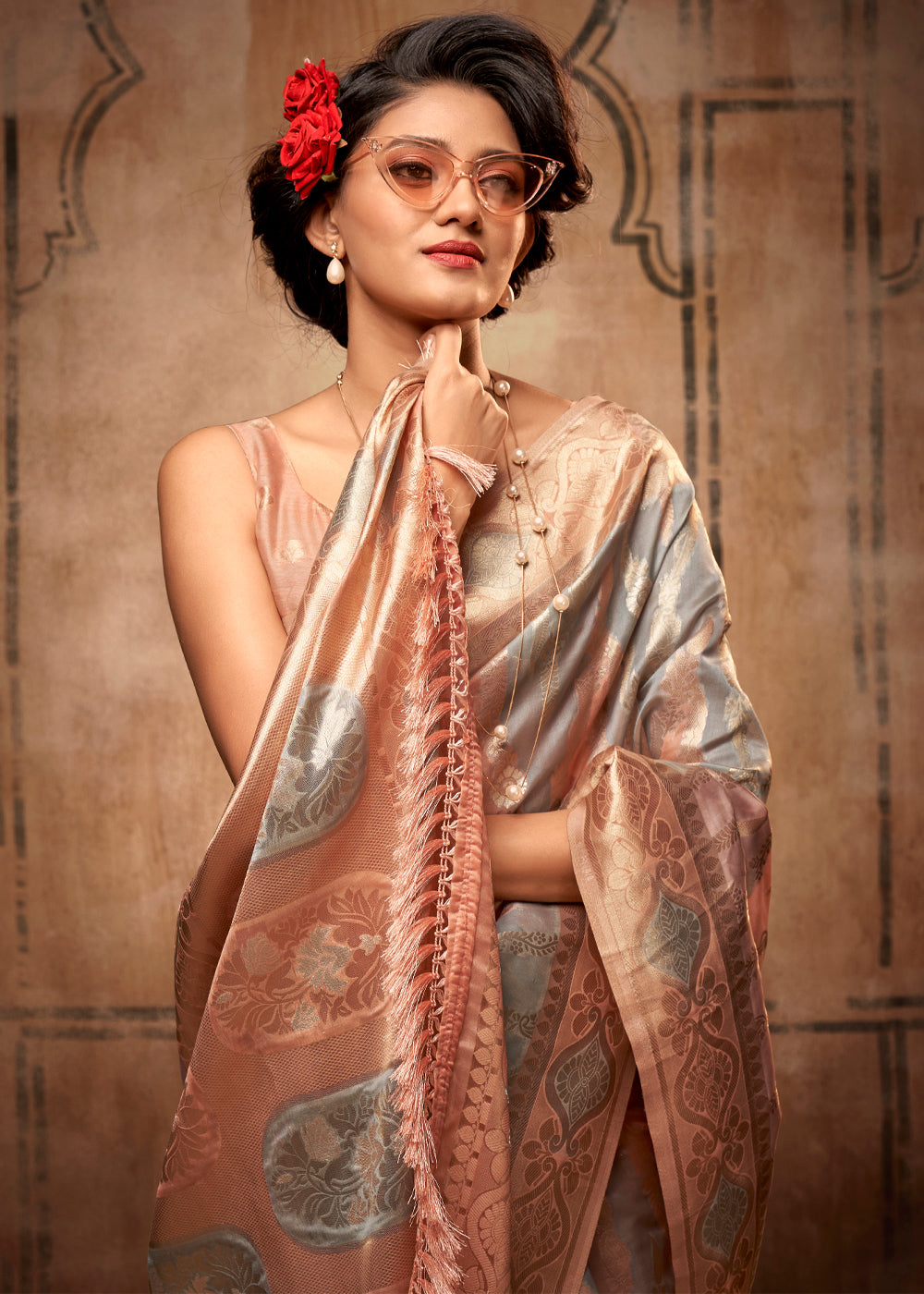 Beaver Grey and Peach Zari Woven Banarasi Organza Saree