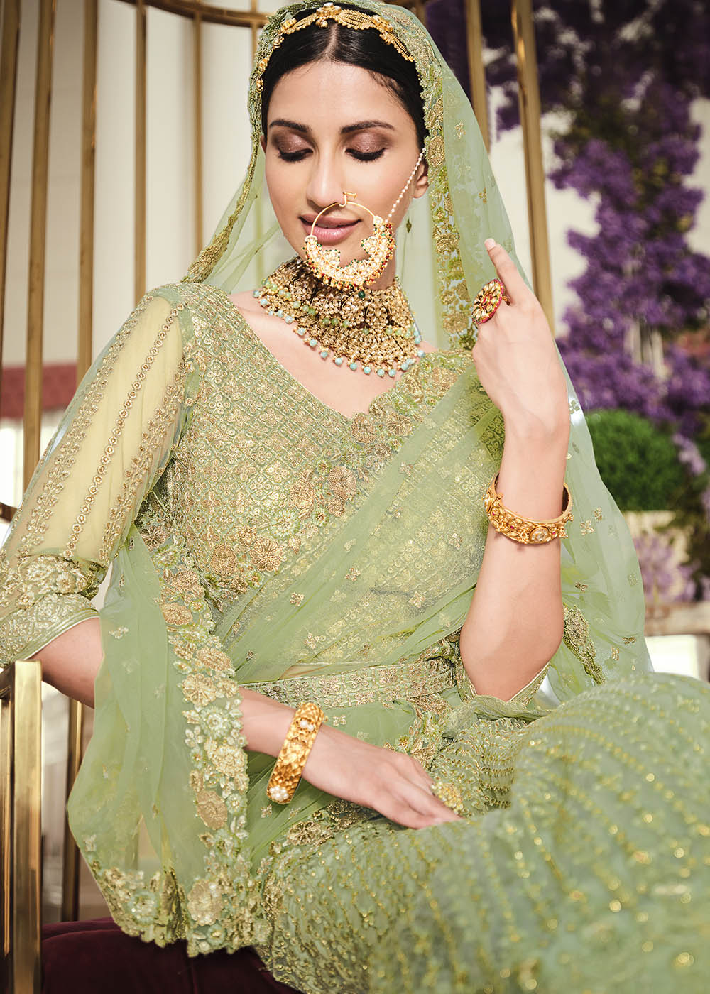 Pine Glade Green Net Designer Lehenga With Heavy Embroidered Work