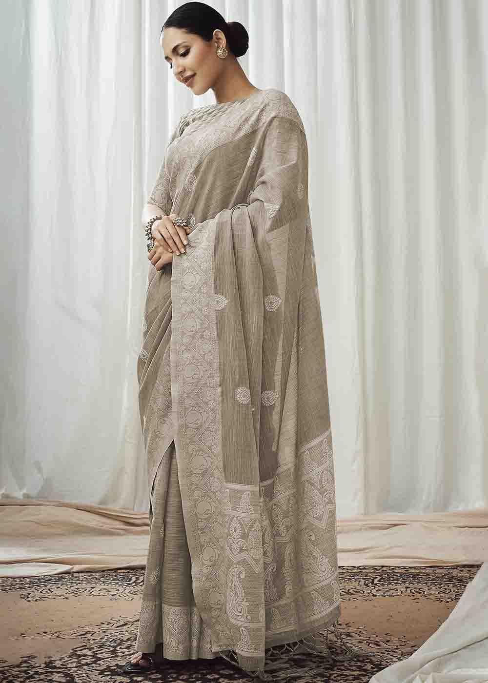 Crocodile Grey Chikankari Linen Saree