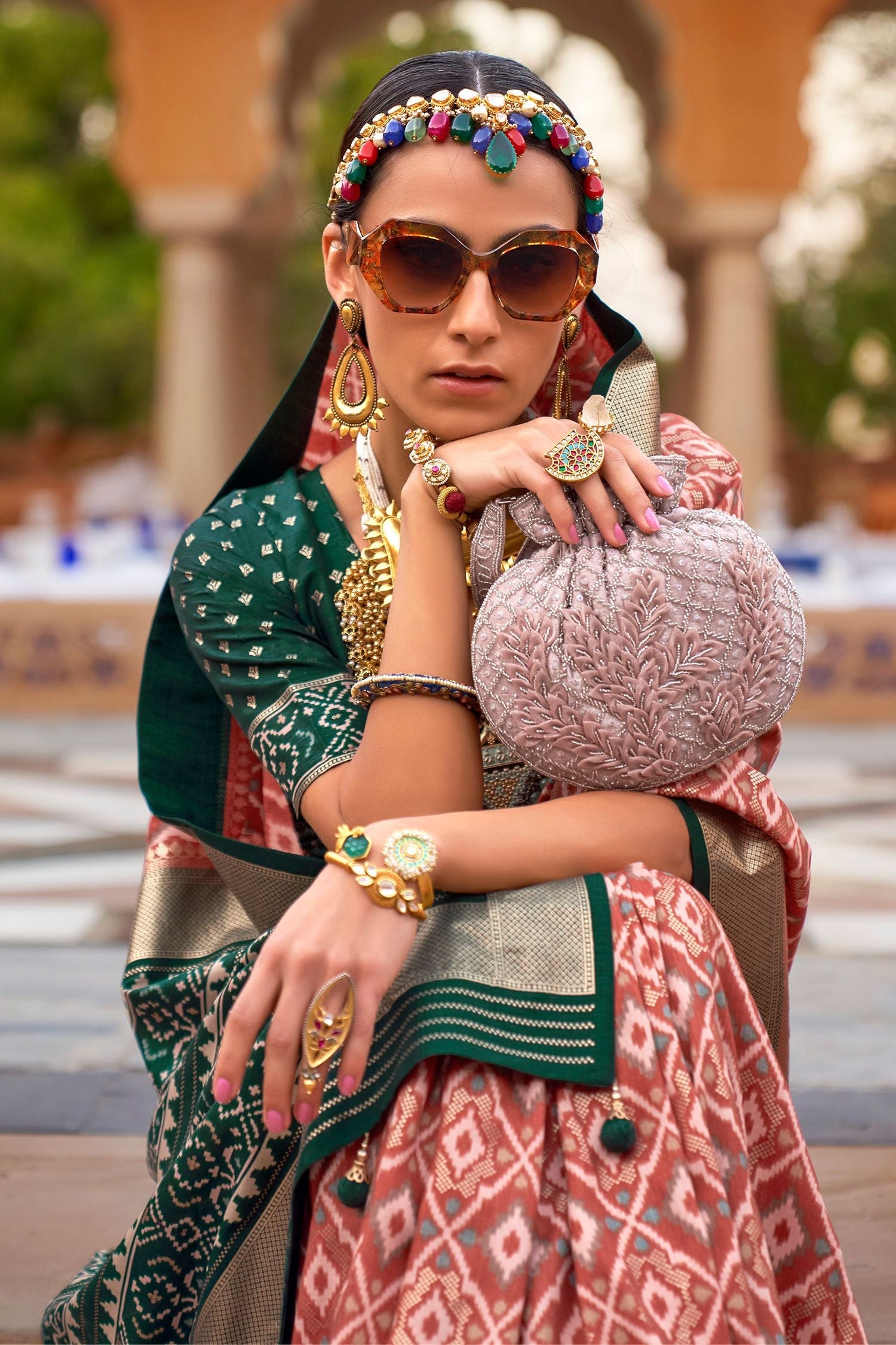 Apricot Peach Printed Patola Silk Saree