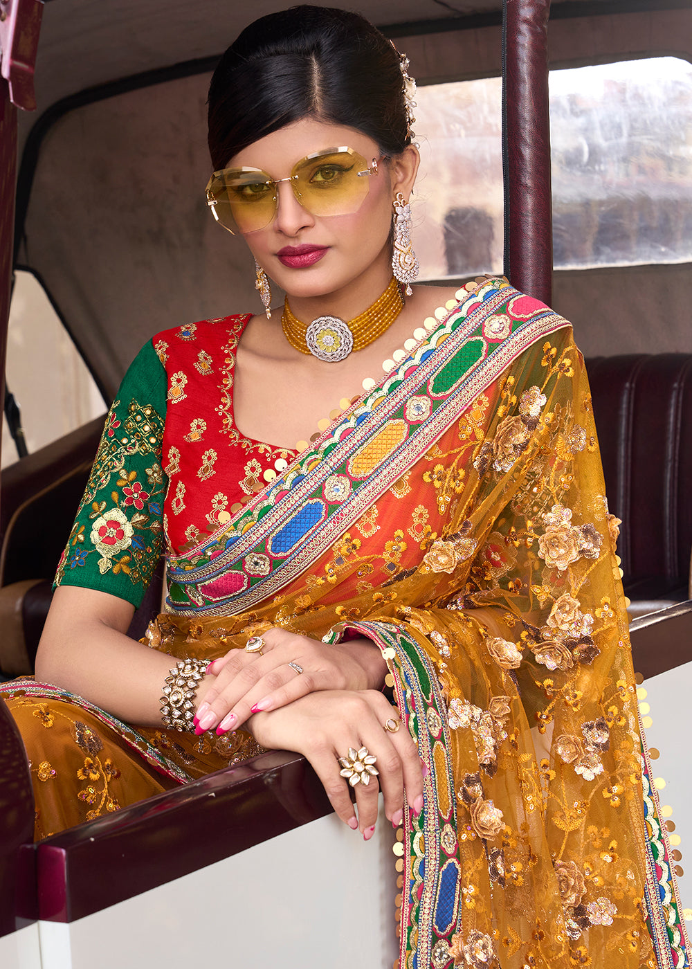 Fire Bush Yellow and Red Designer Silk Saree