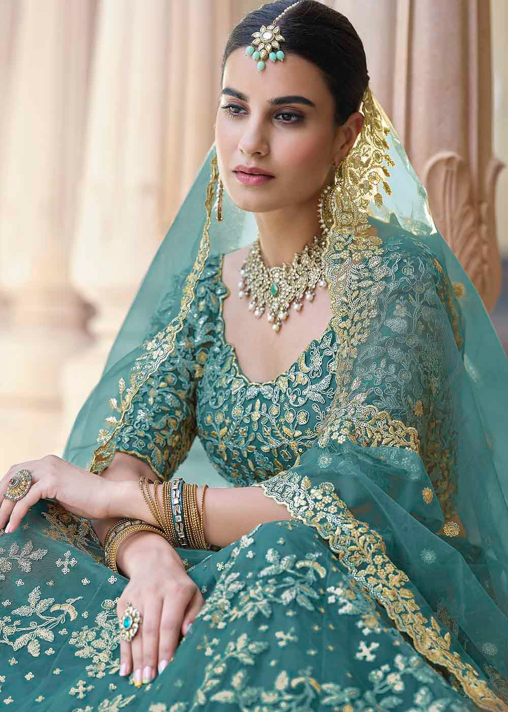 Plantation Green Soft Net Designer Lehenga Choli With Dori & Sequins Work