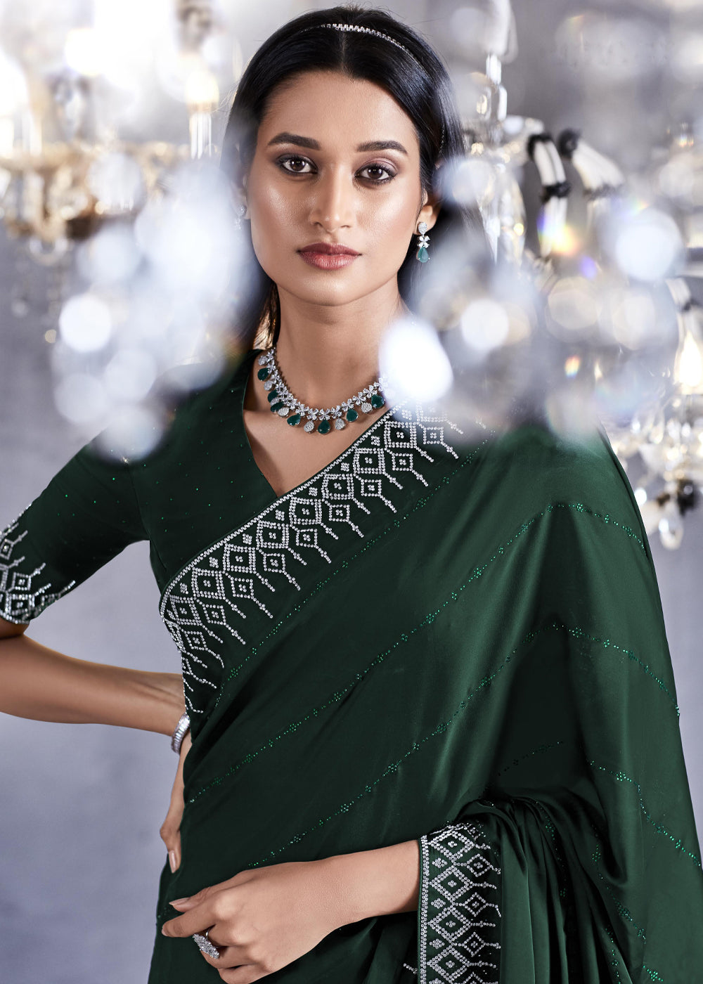 Everglade Green Woven Embroidered Satin Silk Saree