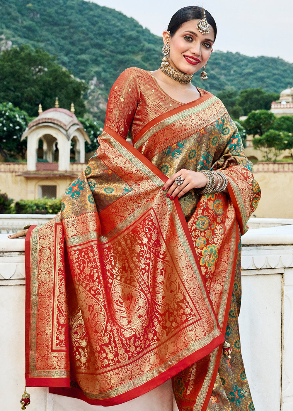 Sage Green and Red Designer Banarasi Saree