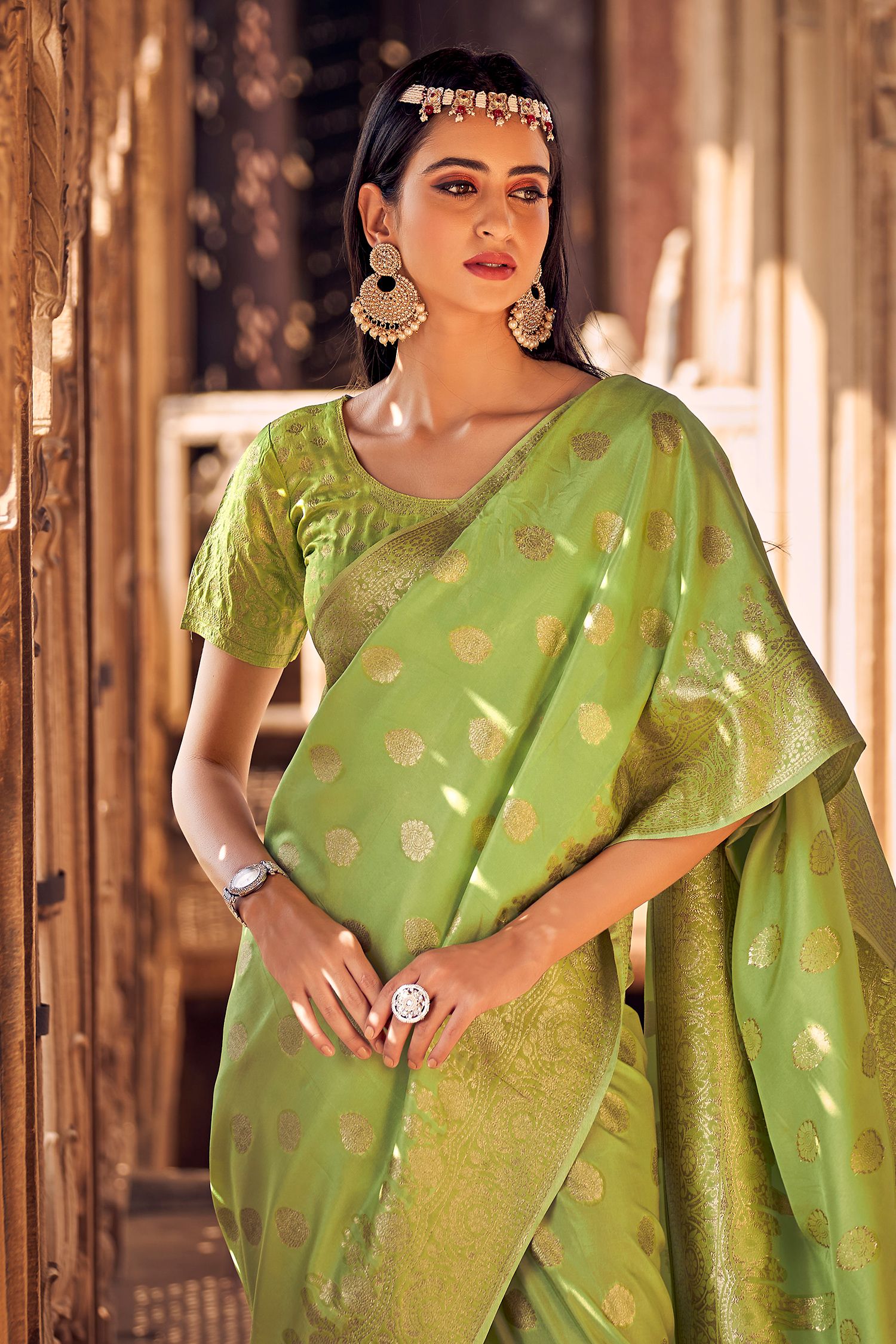 Sycamore Green Banarasi Woven Silk Saree