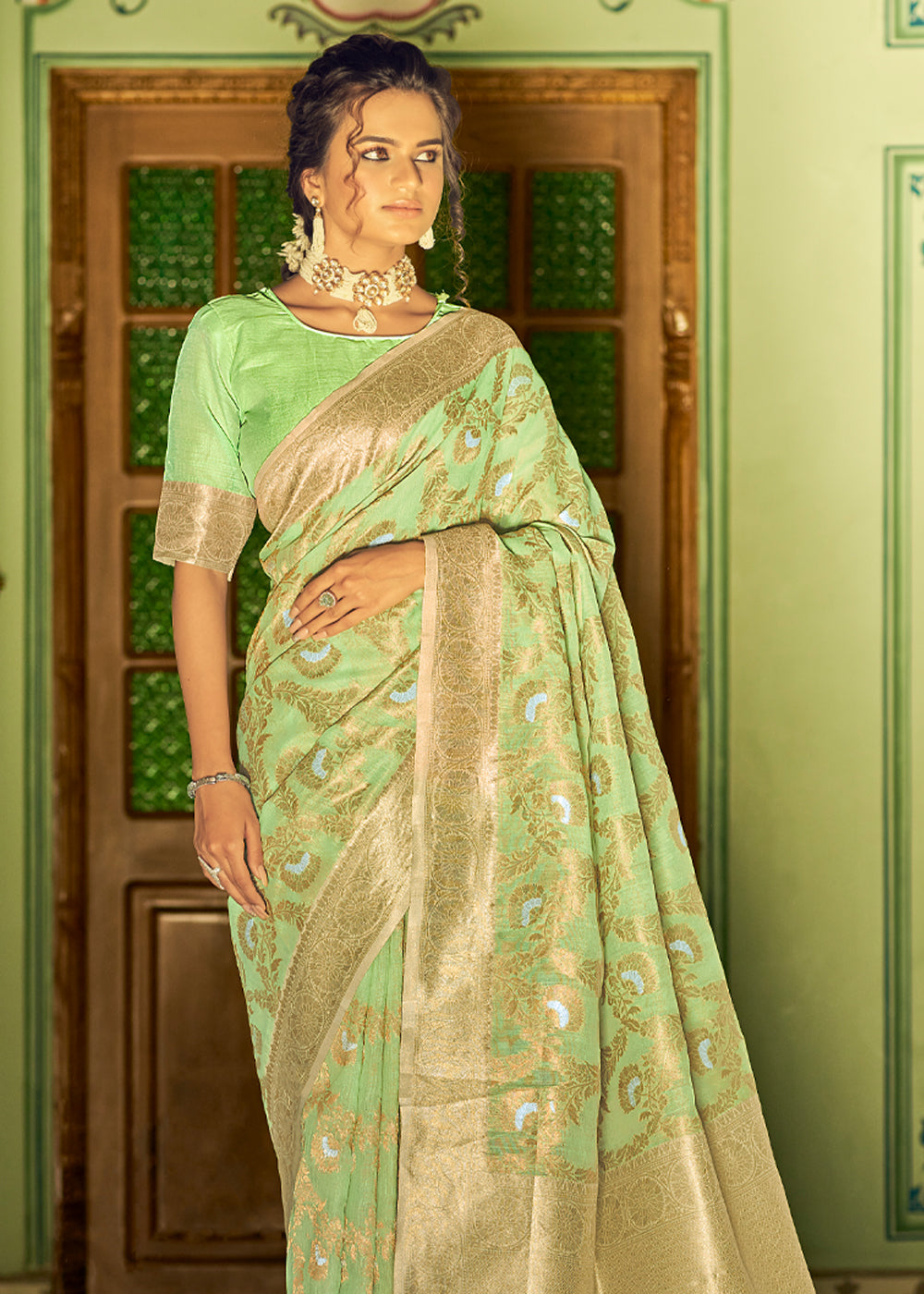 Gossip Green Zari Woven Banarasi Linen Saree