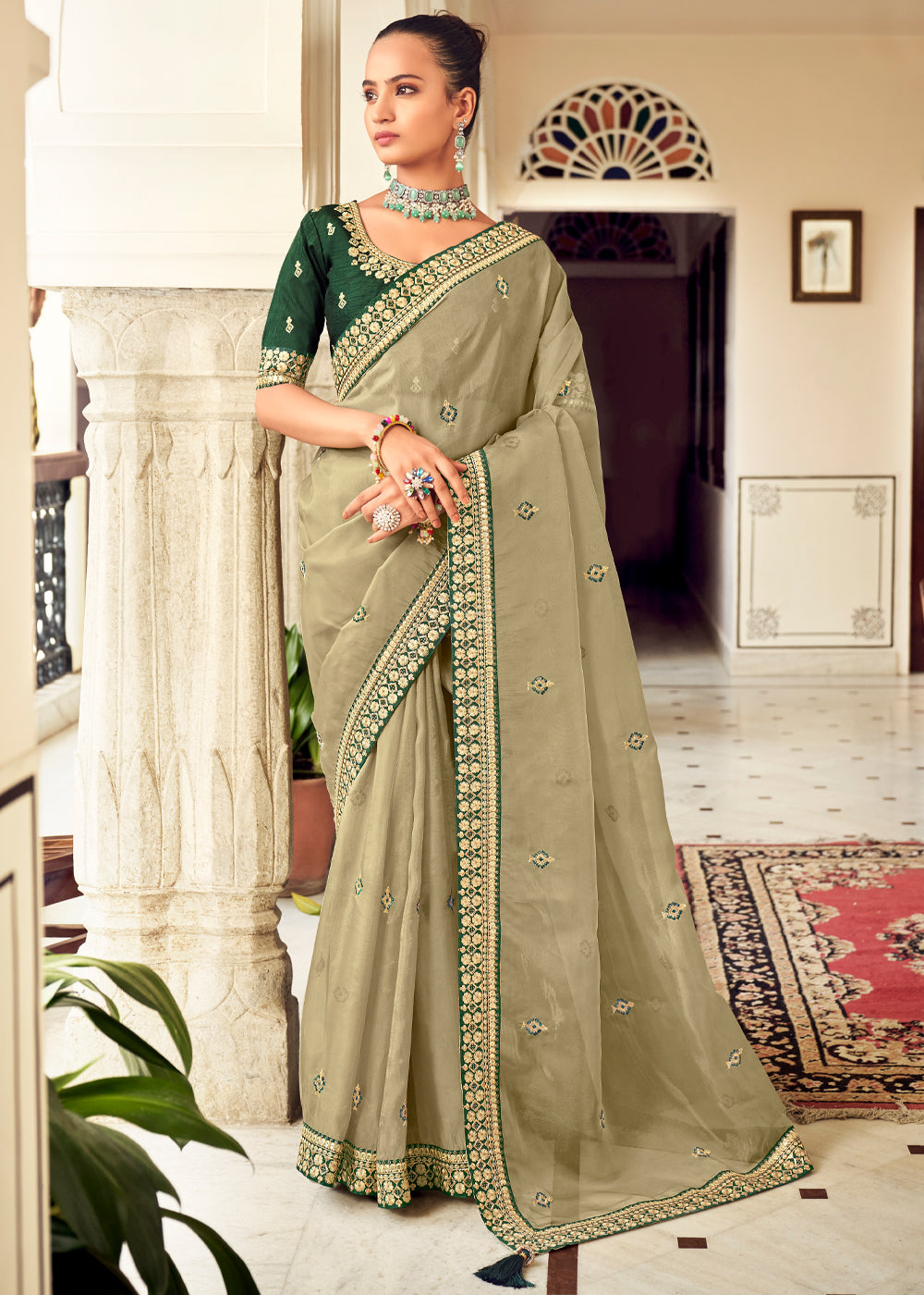 Pine Glade Green Woven Banarasi Georgette Silk Saree