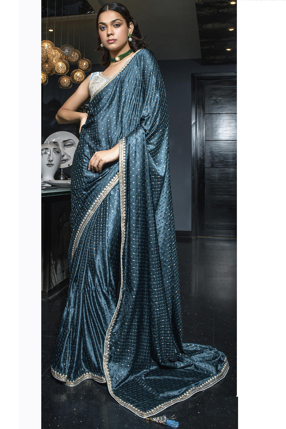 Space Sparkle Blue Satin Saree