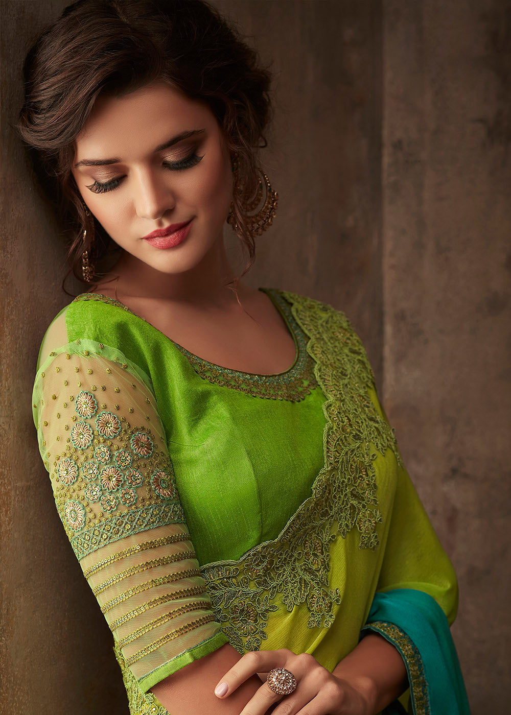 Christi Green and Blue Embroidered Chiffon Designer Saree