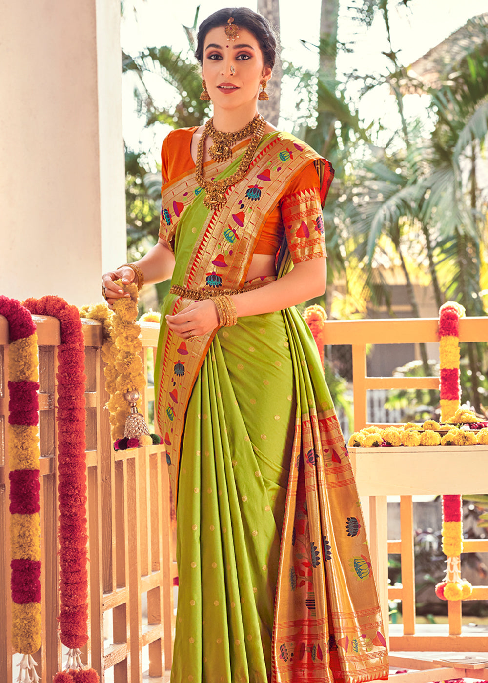 Lemon Ginger Green Woven Paithani Silk Saree