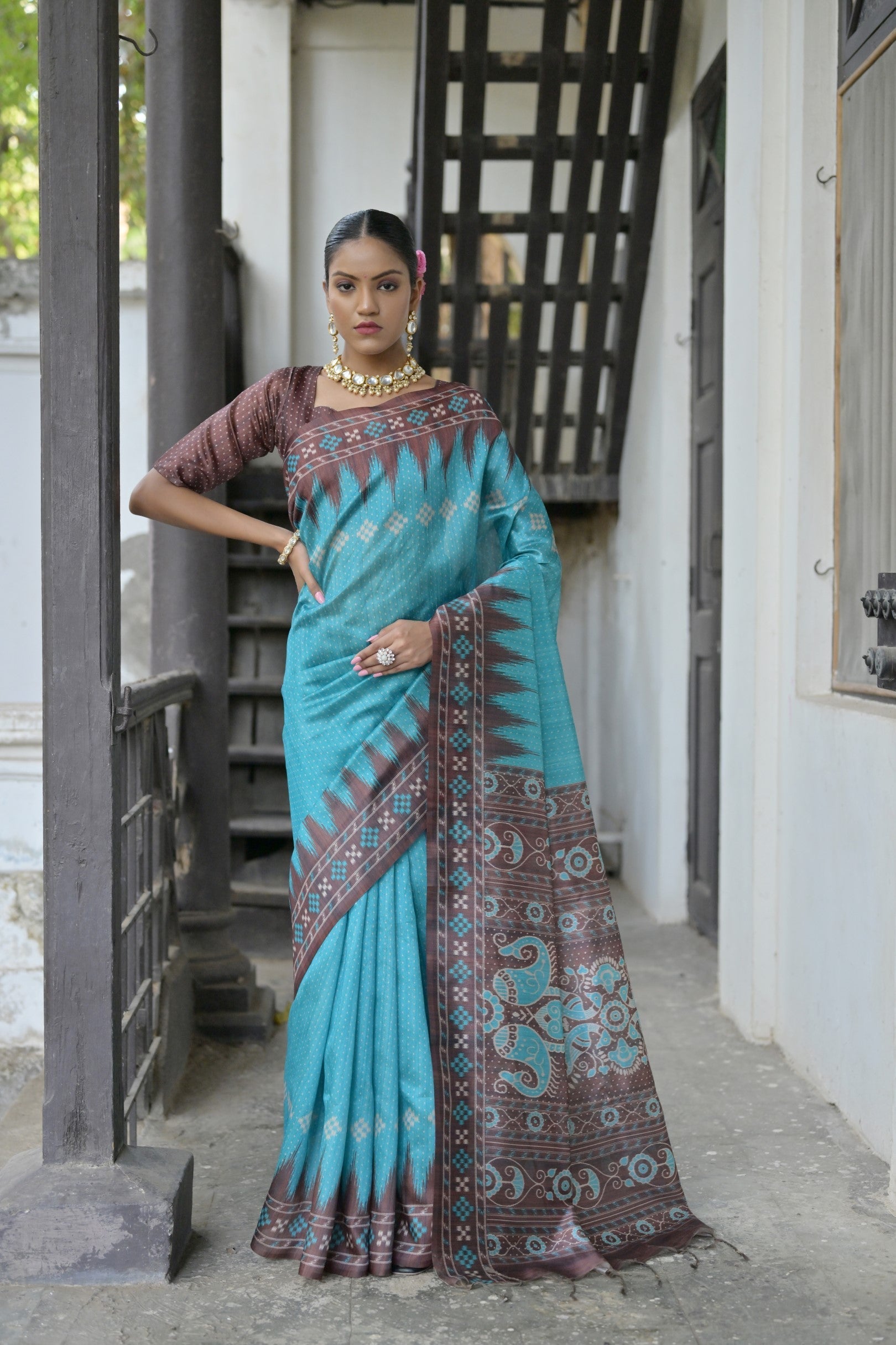 Tradewind Blue and Brown Printed Tussar Silk Saree