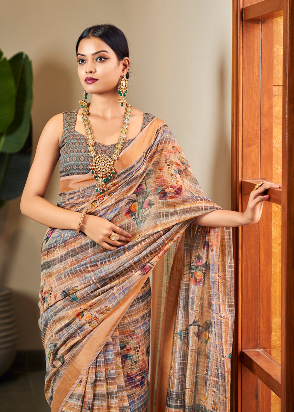 Caramel Brown Linen Saree with Digital Print