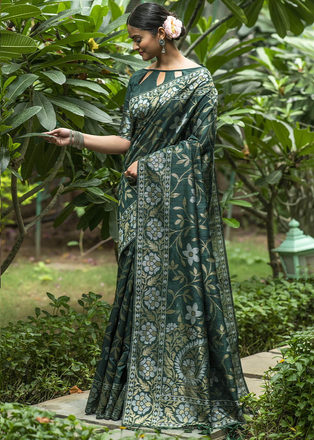 Asparagus Green Zari Woven Floral Tussar Saree