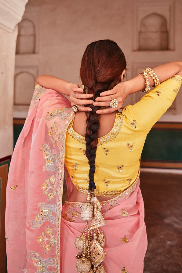 Sweet Pink and Yellow Organza Saree