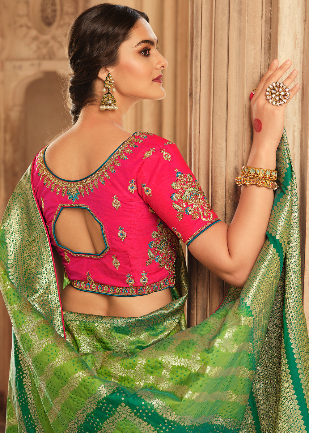 Olive Green and Pink Zari Woven Banarasi Saree with Designer Blouse