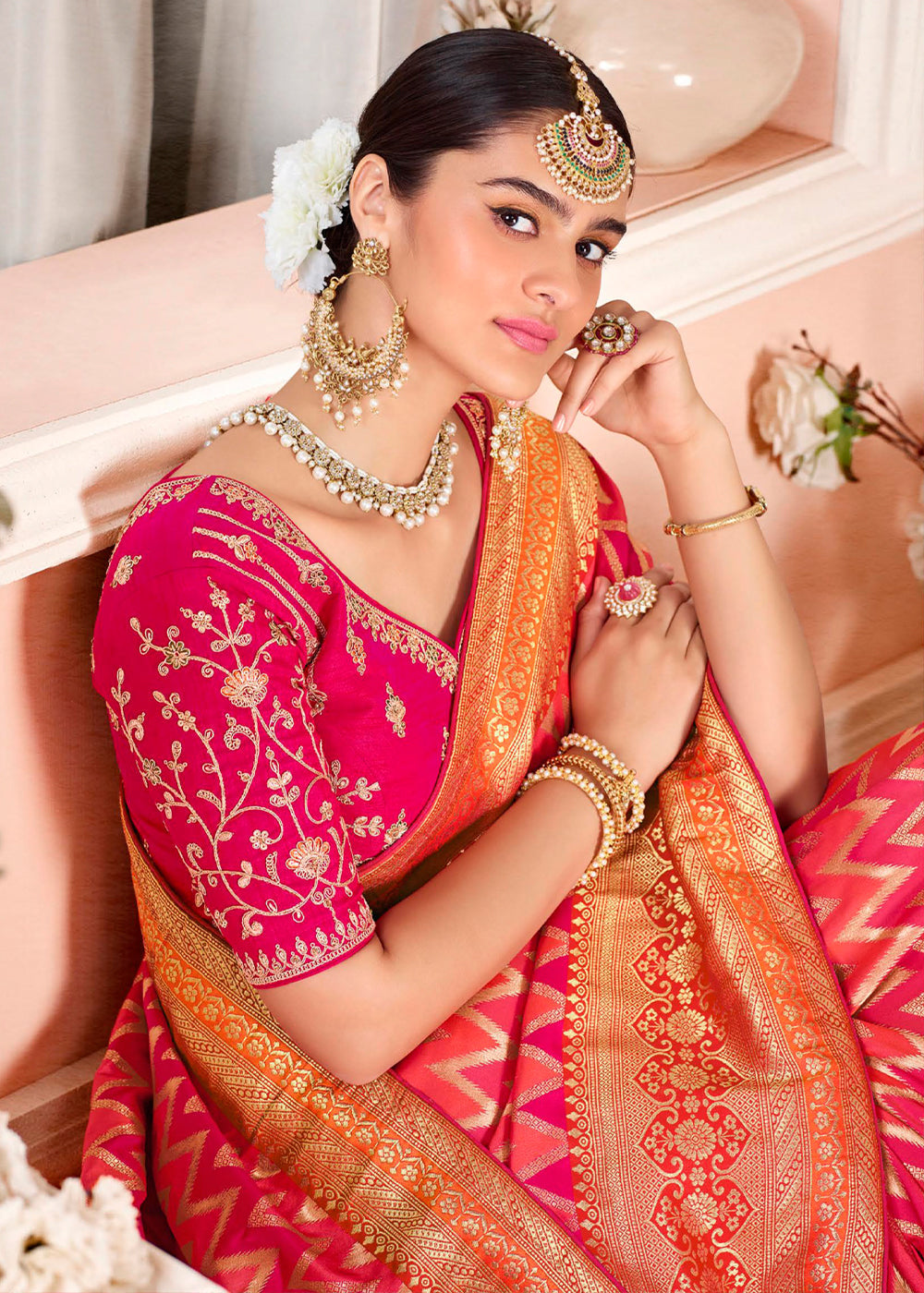 Bittersweet Pink and Orange Zari Woven Banarasi Saree with Designer Blouse