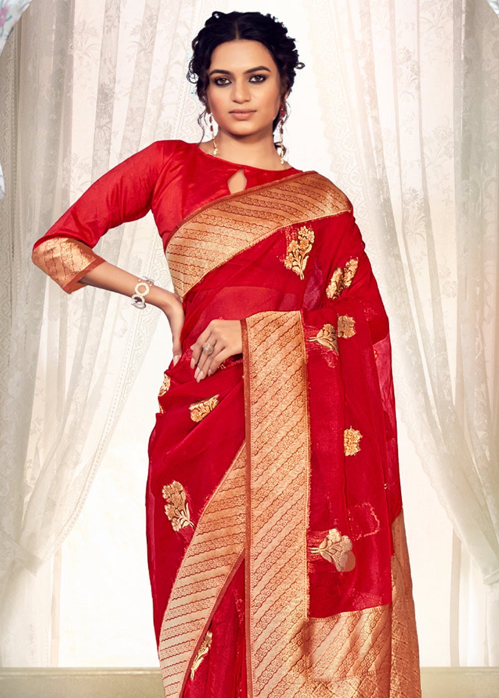 Flame Pea Red Zari Woven Banarasi Organza Saree