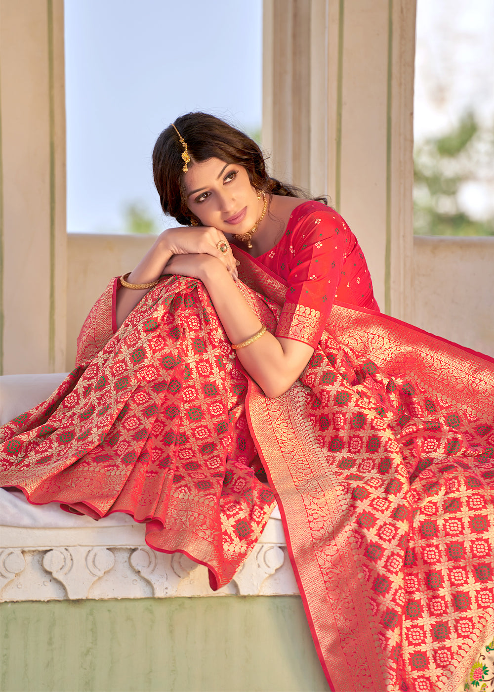 Sunset Red Zari Woven Banarasi Brocade Saree