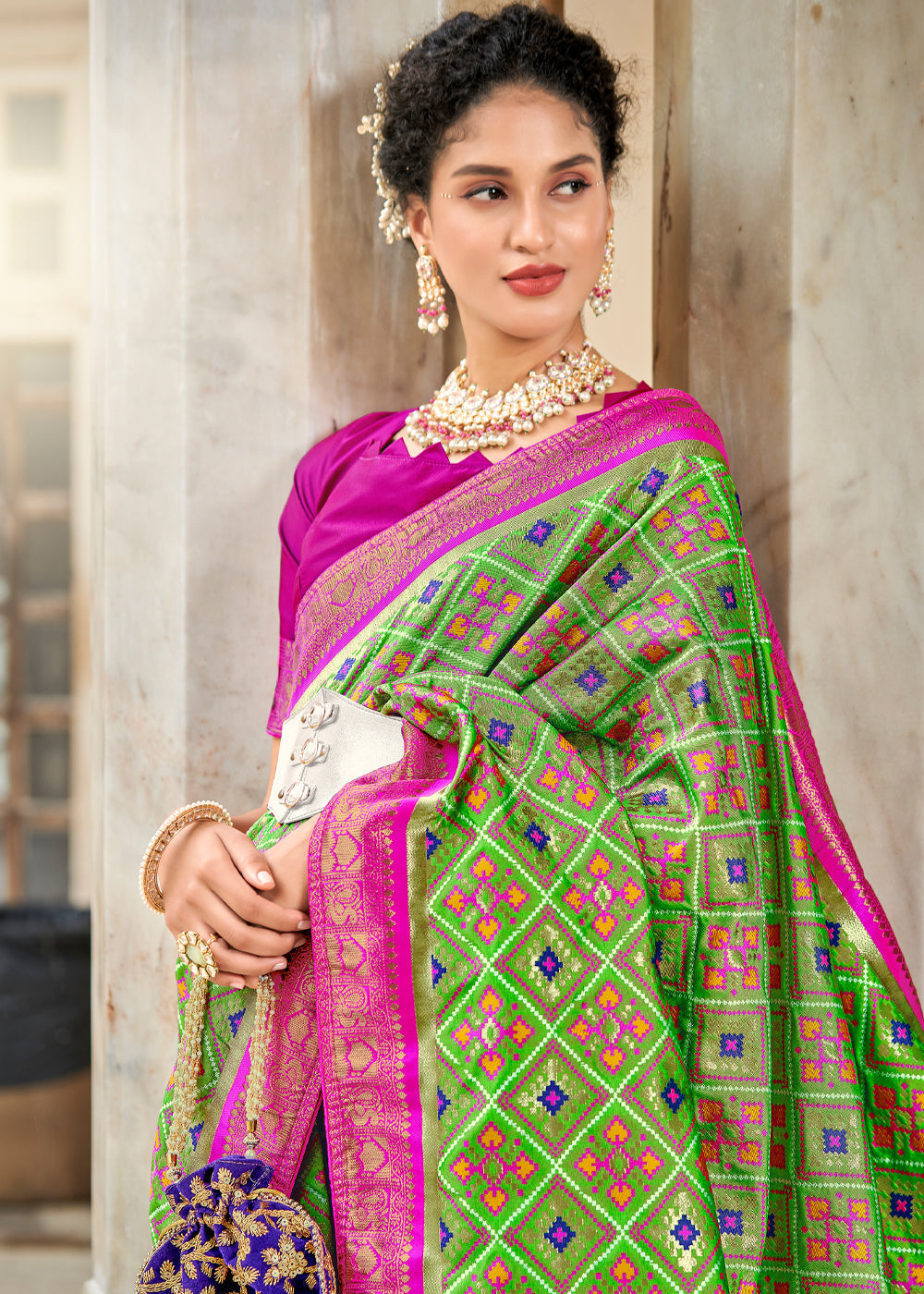 Sushi Green and Pink Zari Woven Patola Saree