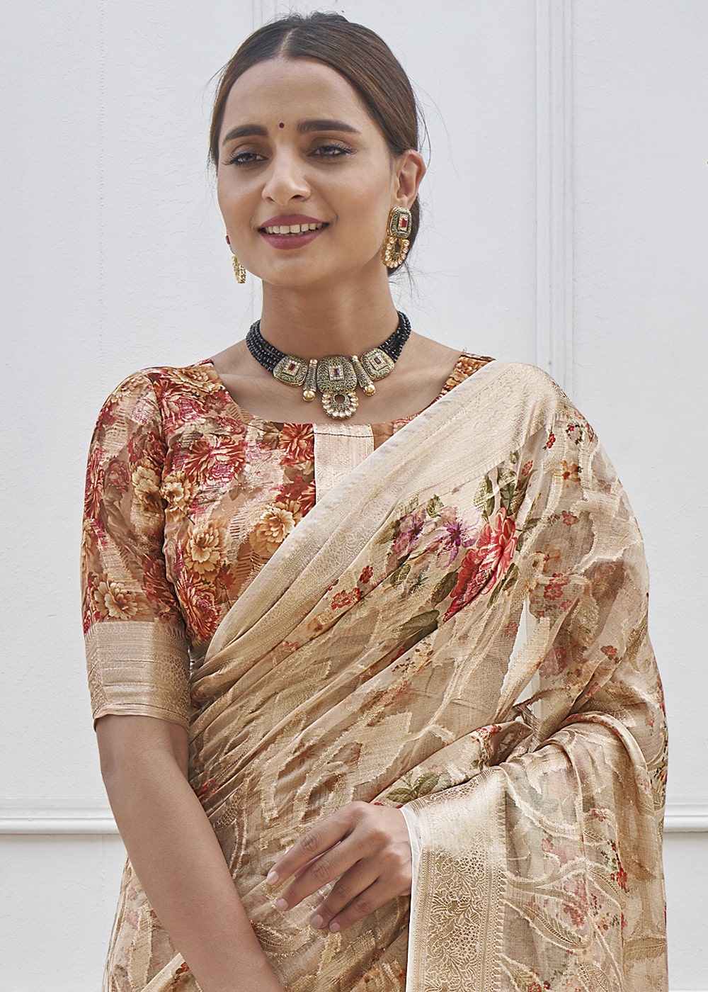 Sandrift Brown Digital Printed Organza Silk Saree