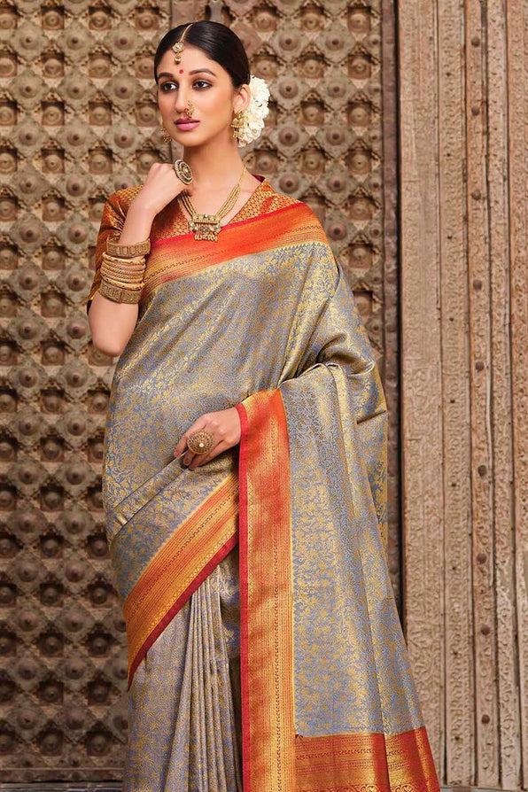 Bronco Grey and Orange Zari Woven Kanjivaram Saree