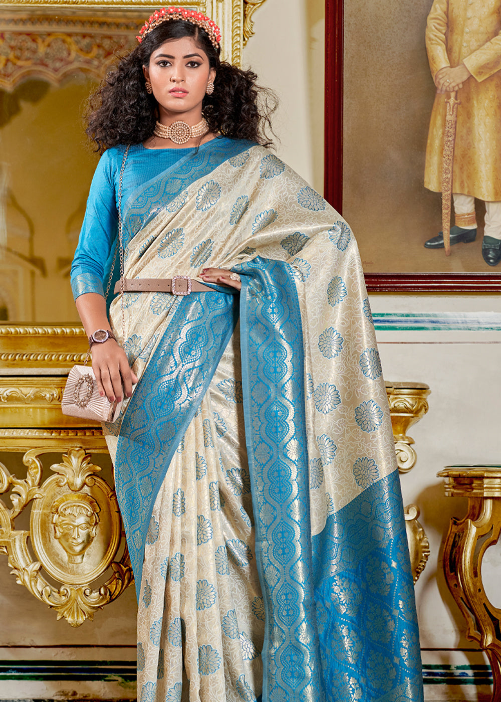 Linen White and Blue Woven Banarasi Silk Saree