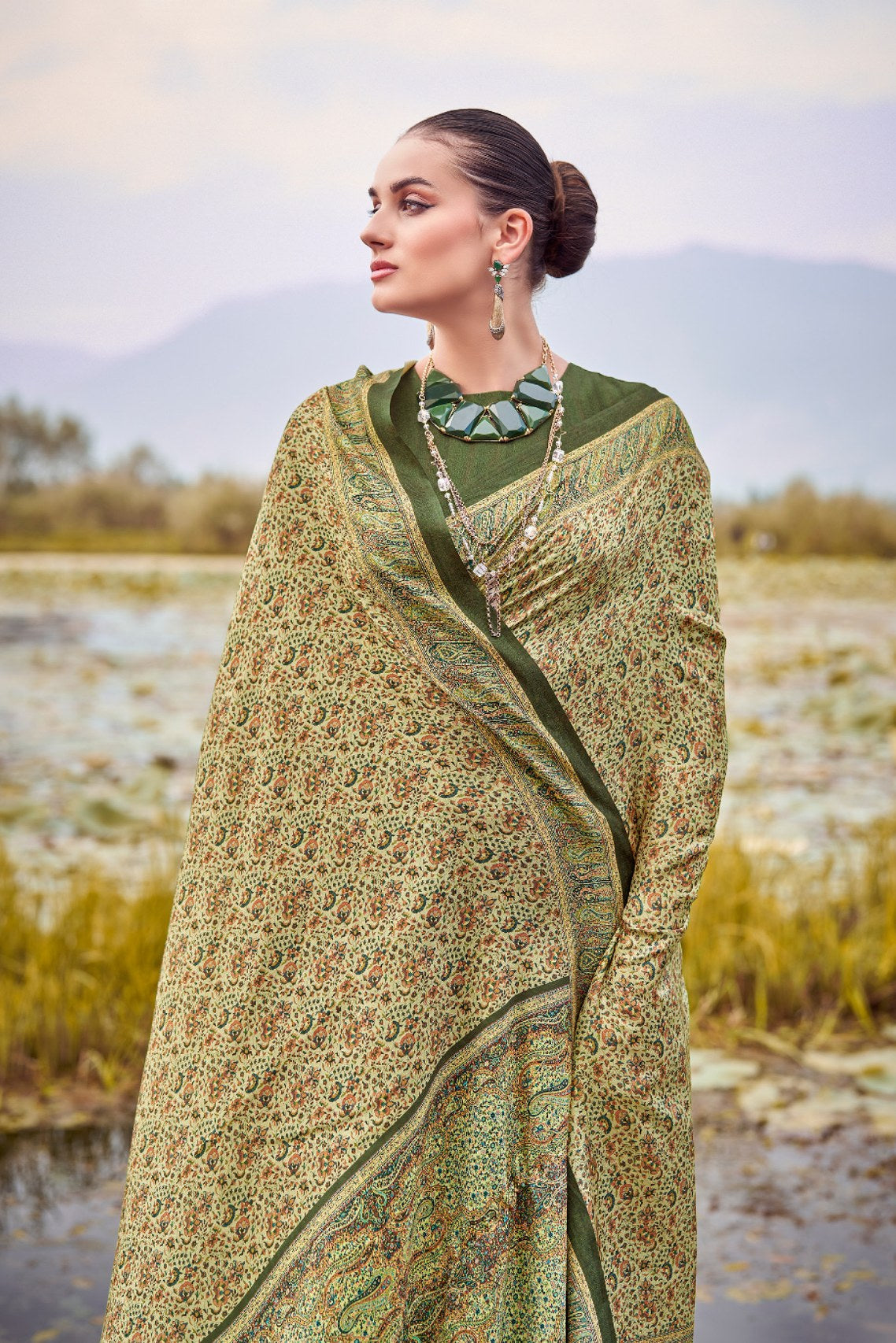 Sandal Green Printed Pashmina Silk Saree