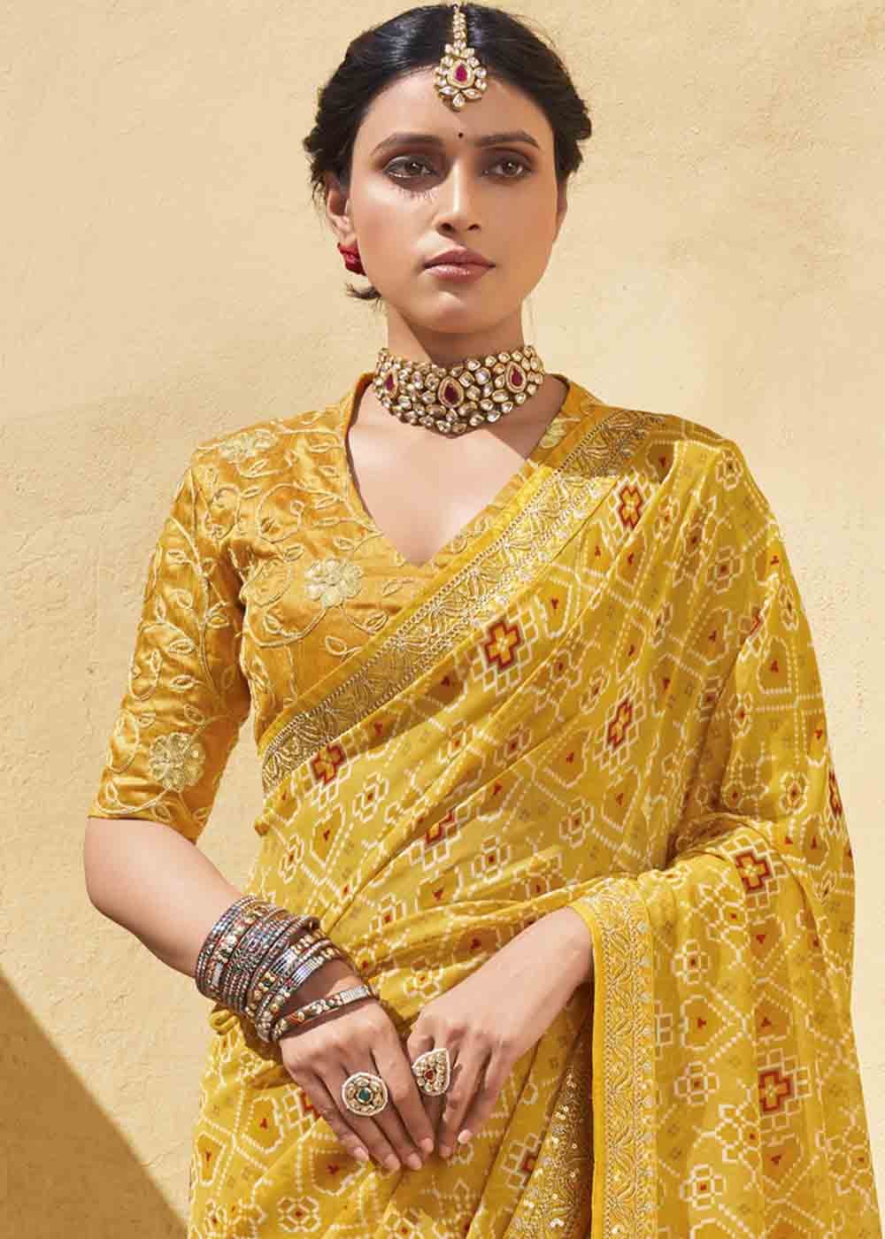 Bourbon Yellow Patola Print Georgette Saree With Embroidered Blouse