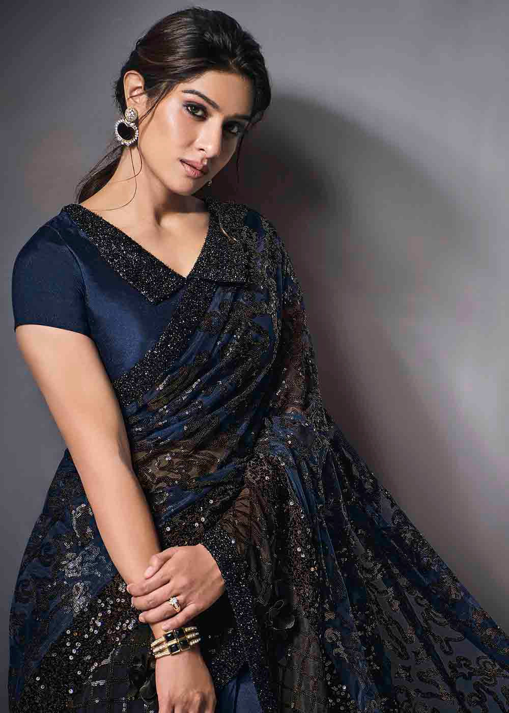 Ebony Blue Designer Lycra Saree with Embroidery Work