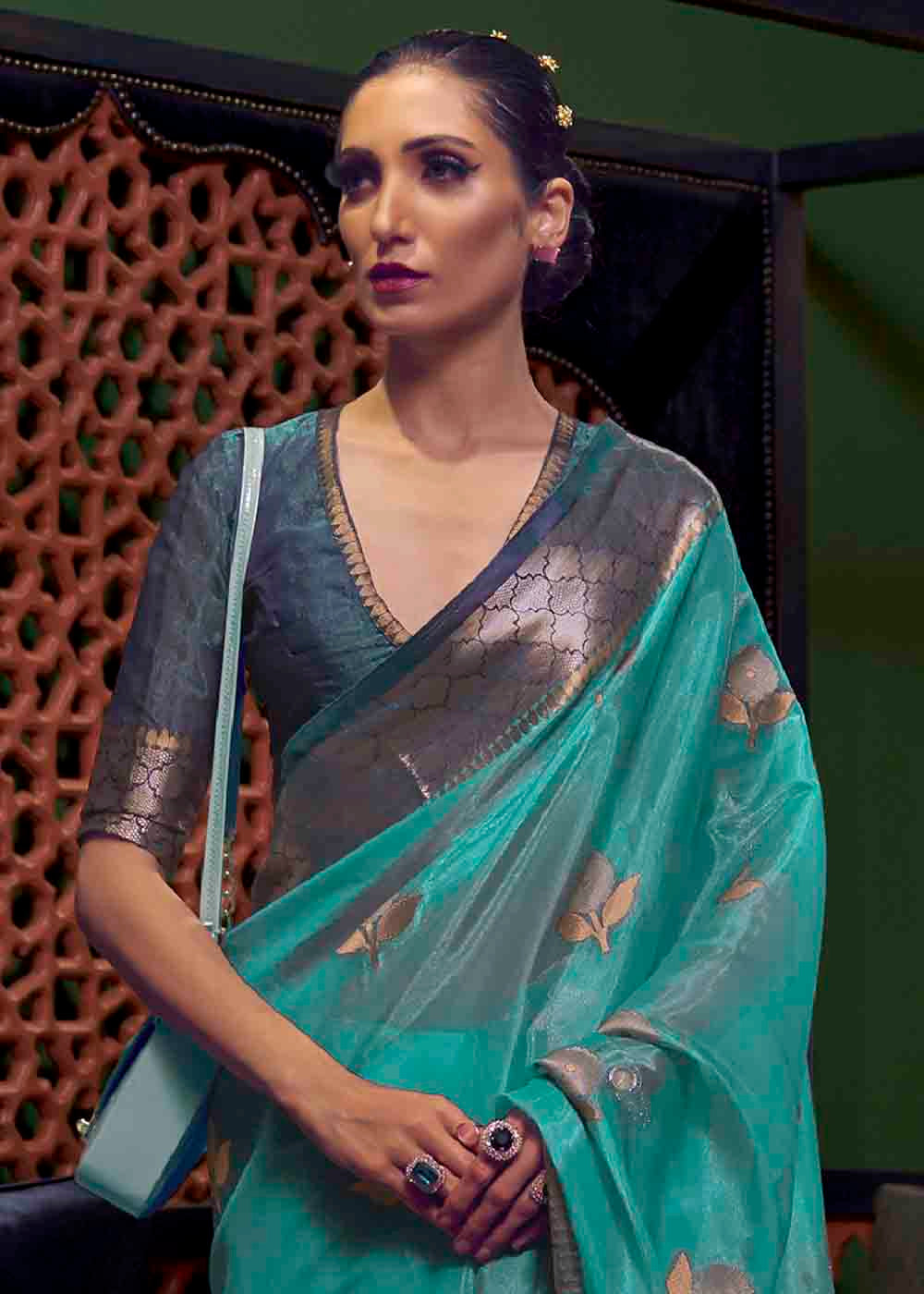 Ming Blue Zari Woven Two Tone Organza Saree