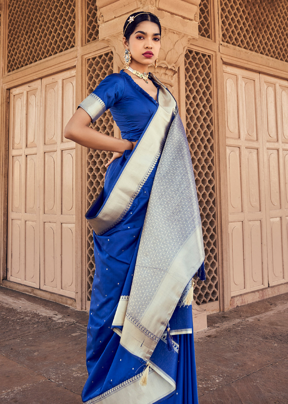 Torea Bay Blue Woven Banarasi Satin Silk Saree