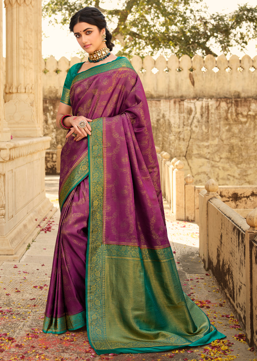 Cadillac Purple & Blue Zari Woven Kanjivaram Saree