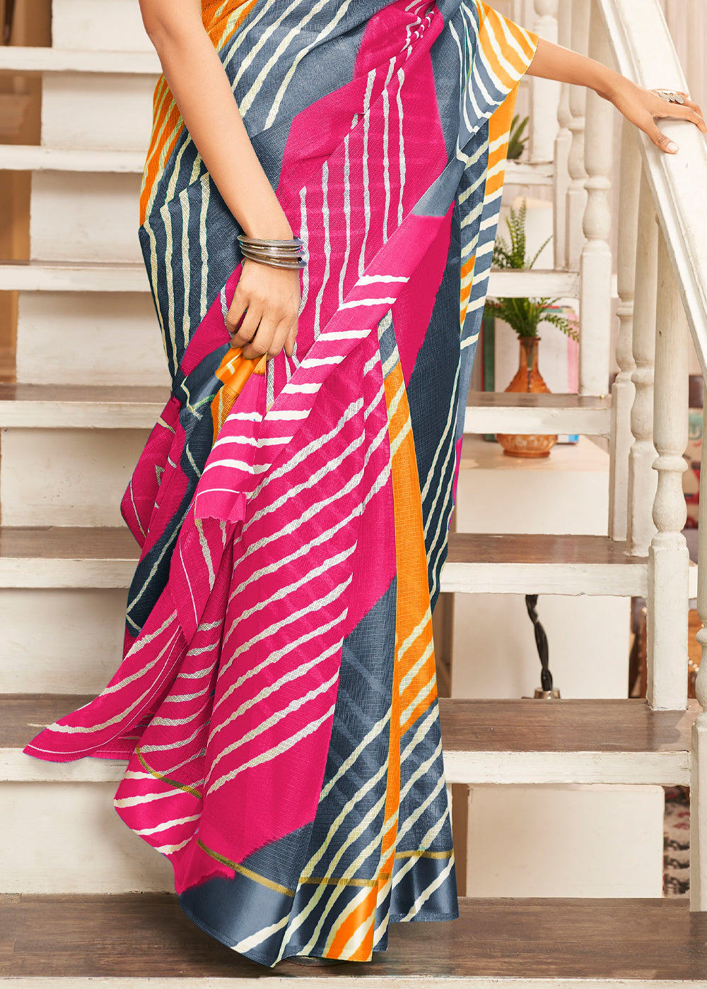 Wild Pink Blue and Orange Cotton Saree with Leheriya Print