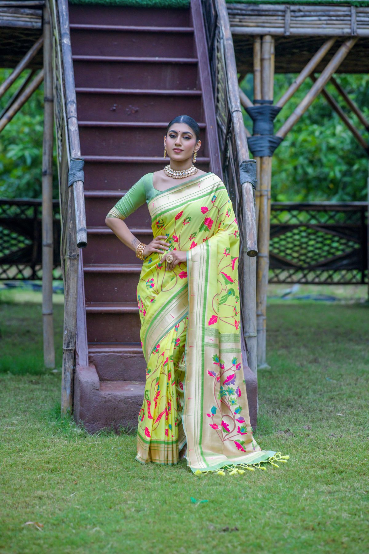 Misty Moss Green Banarasi Paithani Silk Saree