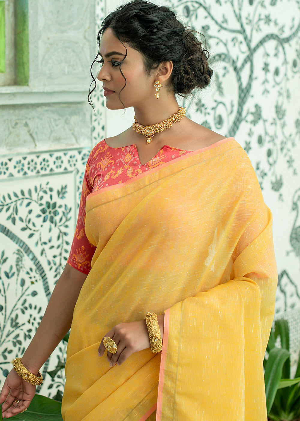 Shalimar Yellow Zari Woven Linen Saree