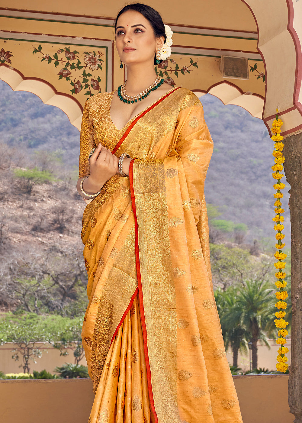 Sandy Yellow Zari Woven Banarasi Linen Saree