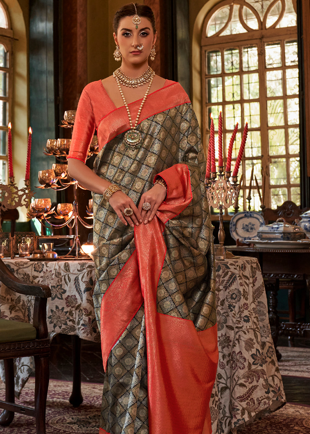 Quincy Black and Red Woven Kanjivaram Saree