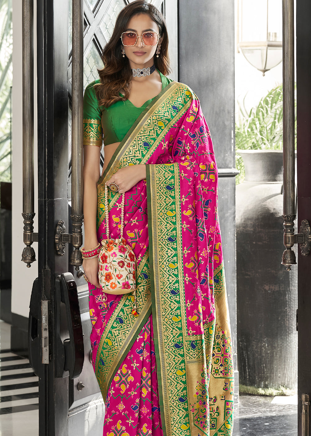 Bittersweet Pink and Green Zari Woven Banarasi Patola Saree