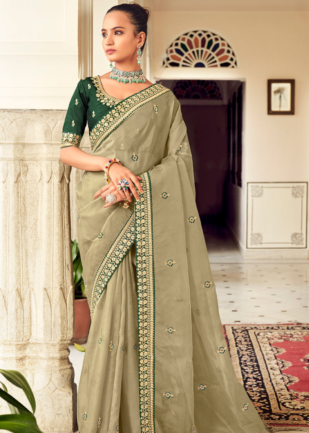 Pine Glade Green Woven Banarasi Georgette Silk Saree