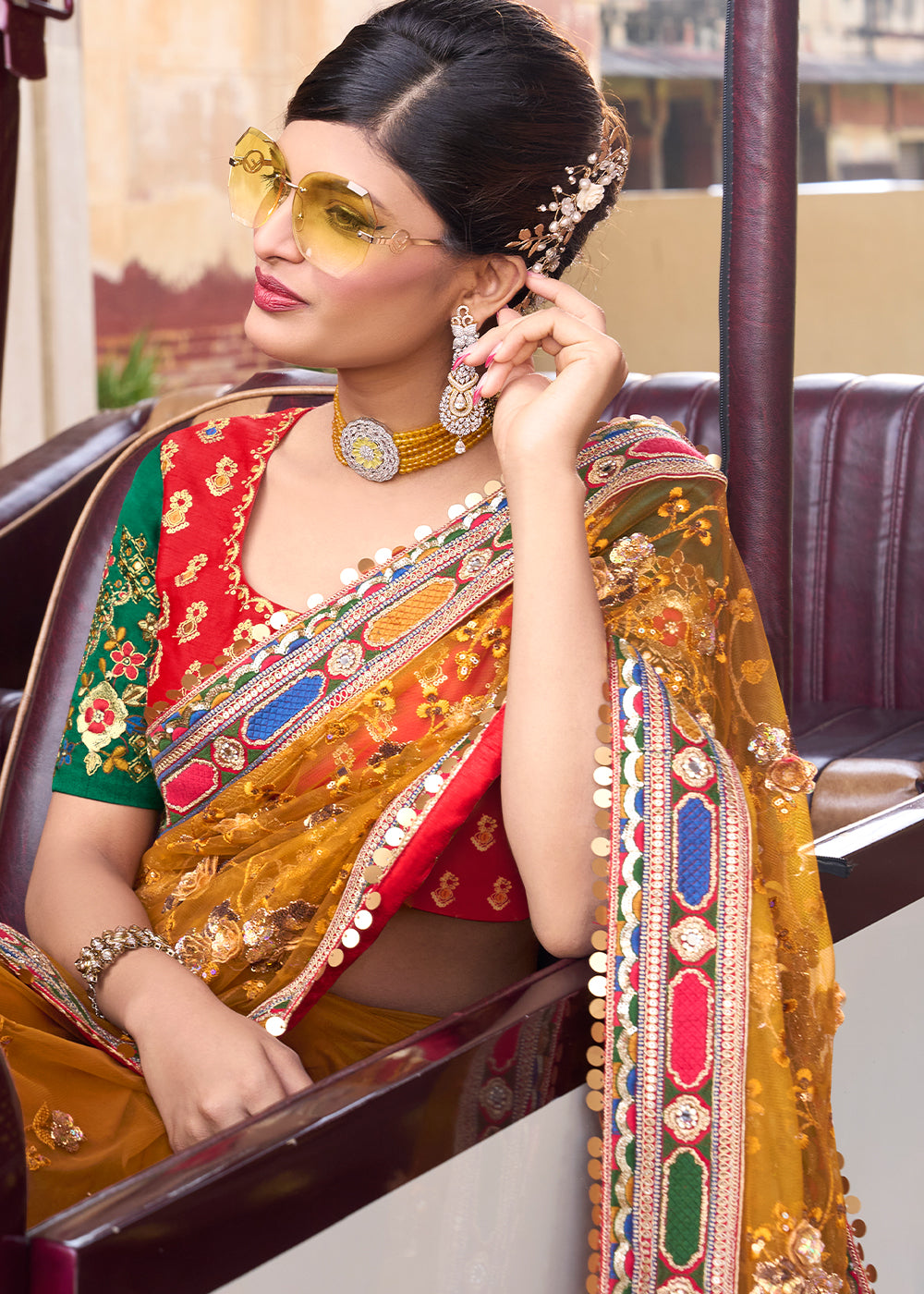 Fire Bush Yellow and Red Designer Silk Saree