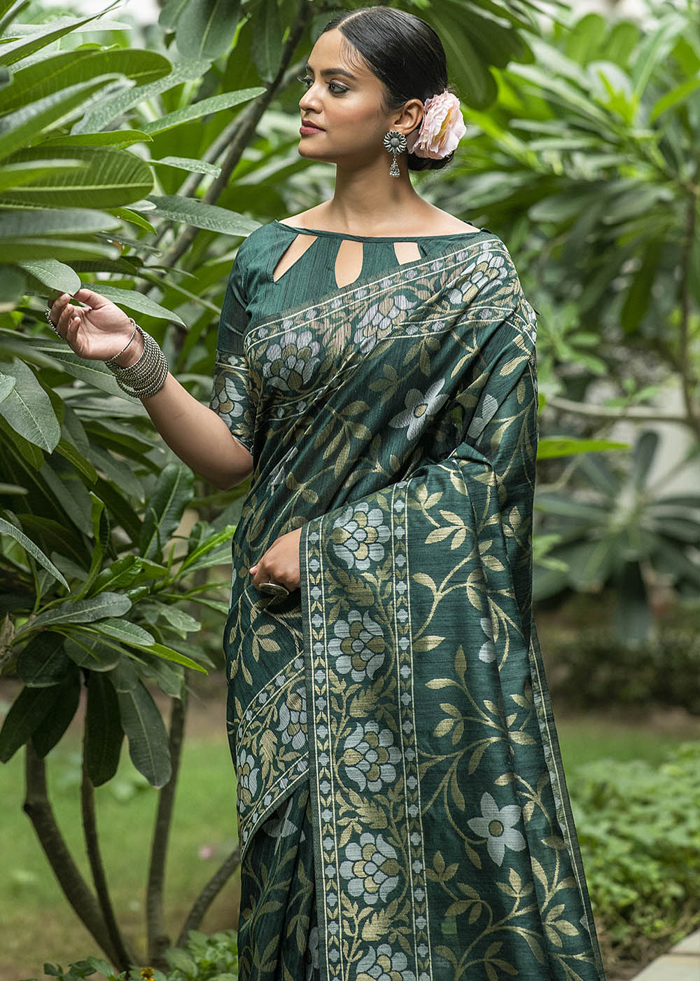 Asparagus Green Zari Woven Floral Tussar Saree