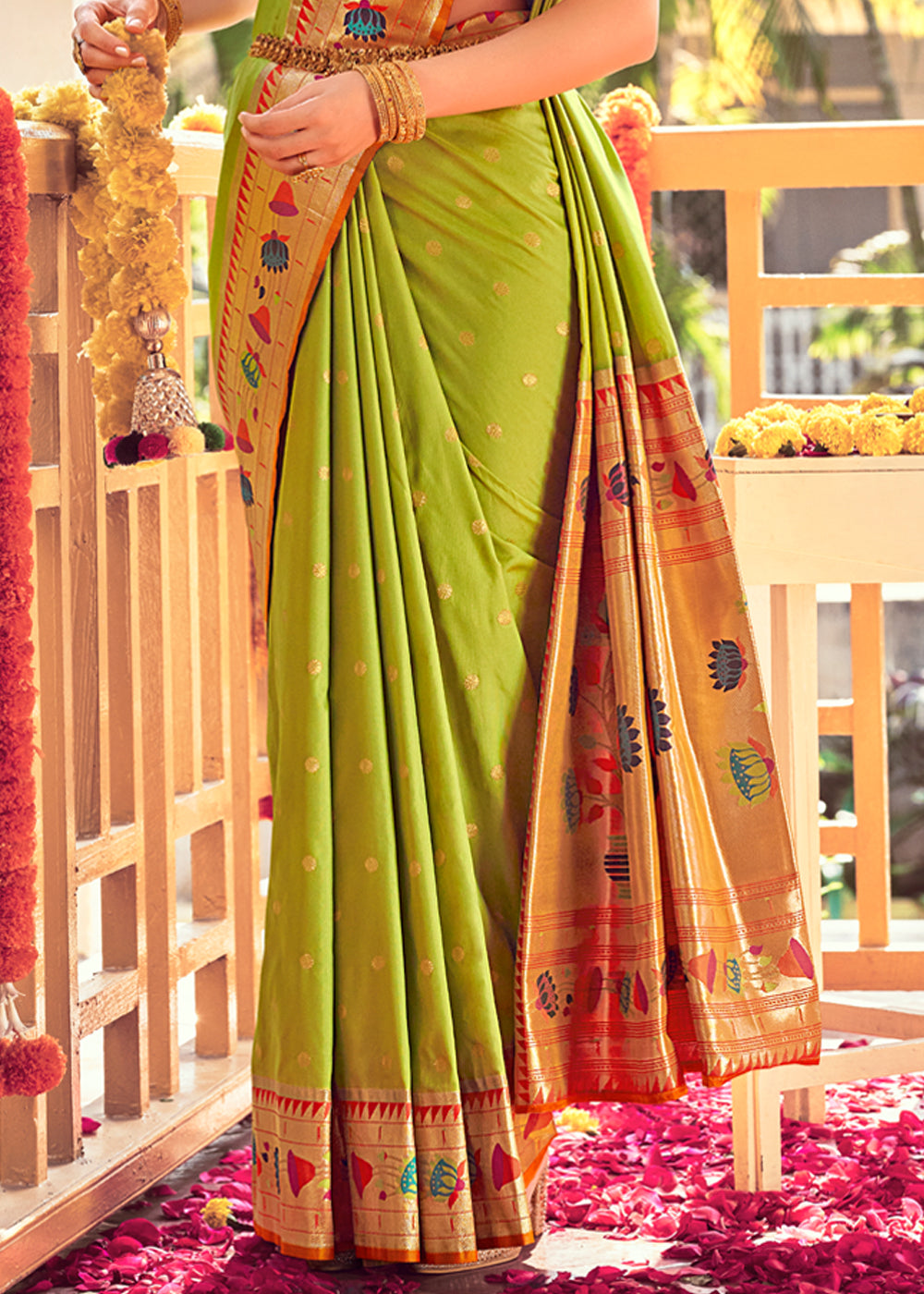 Lemon Ginger Green Woven Paithani Silk Saree