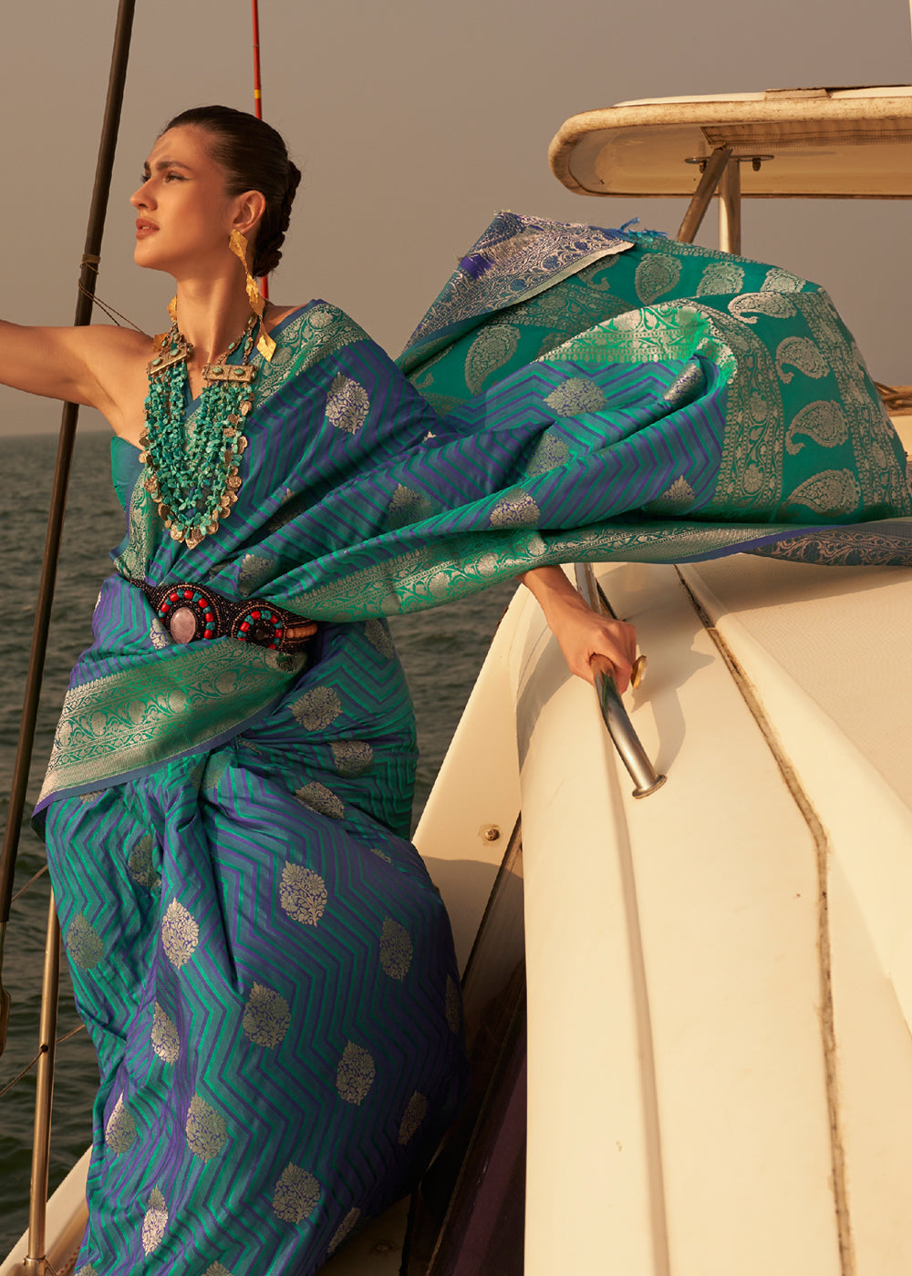 Malachite Blue Dual Tone Banarasi Satin Silk Saree