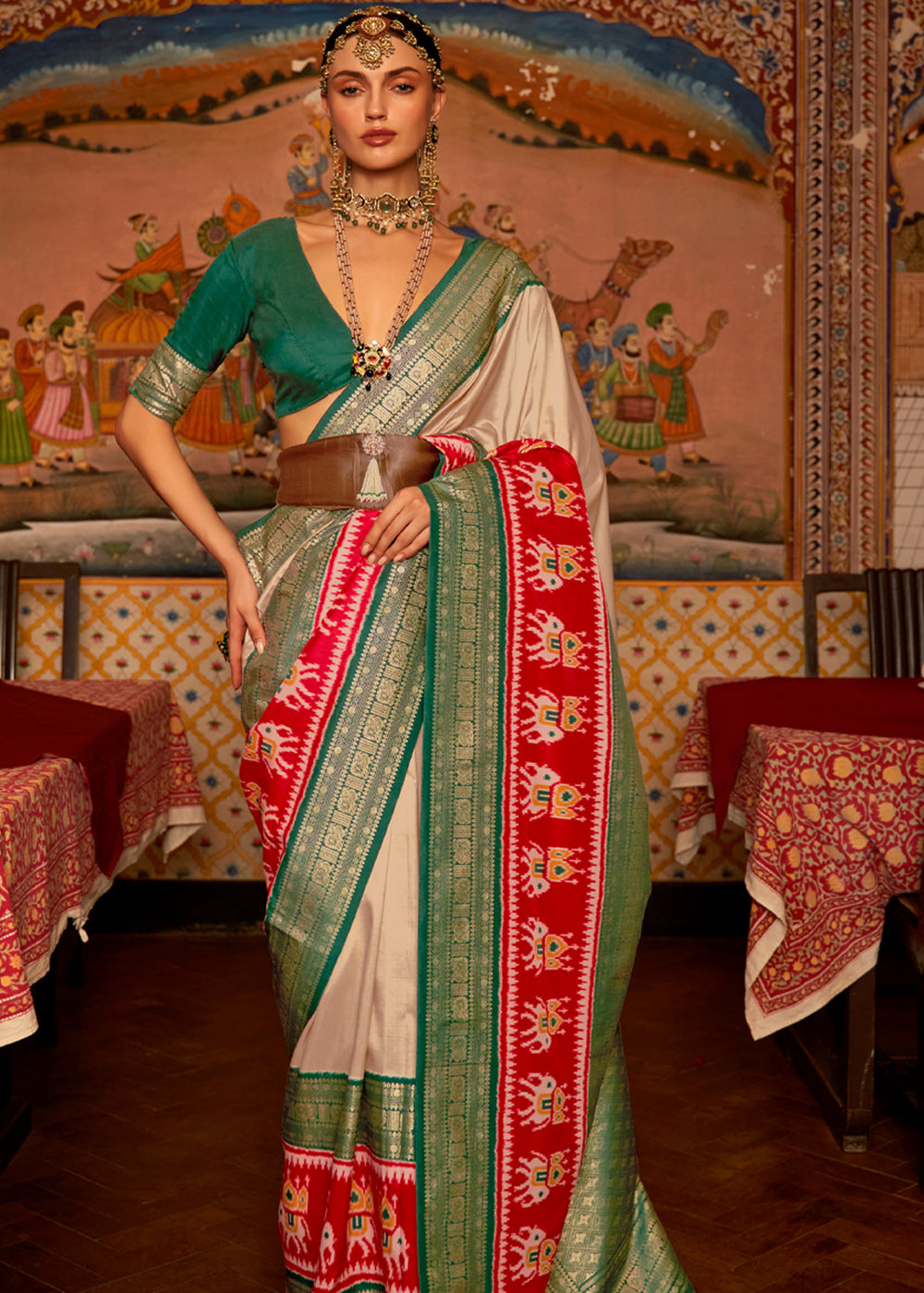 Brandy Beige and Green Banarasi Patola Saree