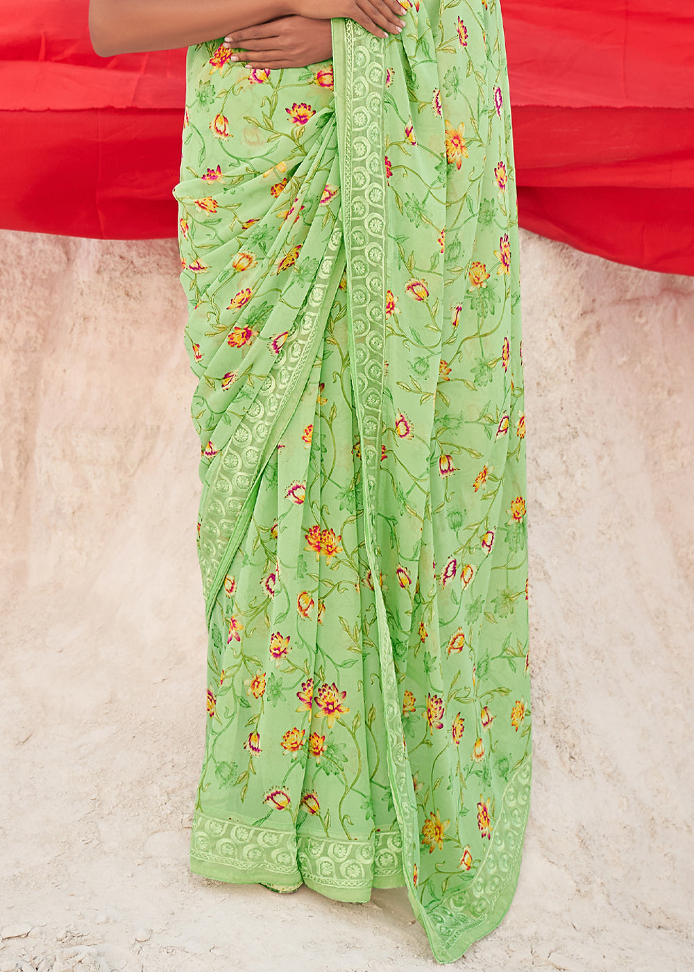 Pine Glade Green Digital Printed Chiffon Saree