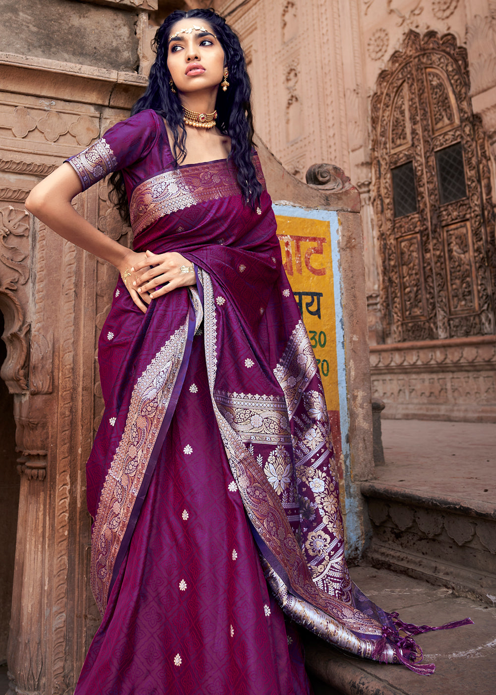 Berry Purple Woven Banarasi Satin Silk Saree